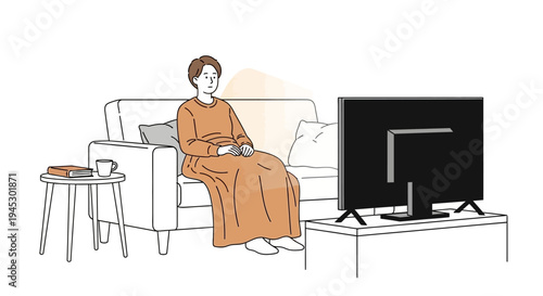 Vector illustration of woman sitting on couch watching TV isolated on White Background