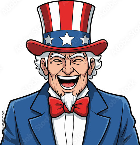 Uncle Sam Laughing Cheerfully in Patriotic Top Hat for American Holidays and Business Promotions