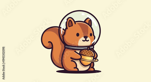 A cartoon squirrel wearing a space helmet holds a bowl of nuts on a pale background.