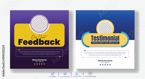 Customer feedback and testimonial social media post template for business marketing, five star review promotion, client satisfaction banner, customer review advertising layout, brand trust builder