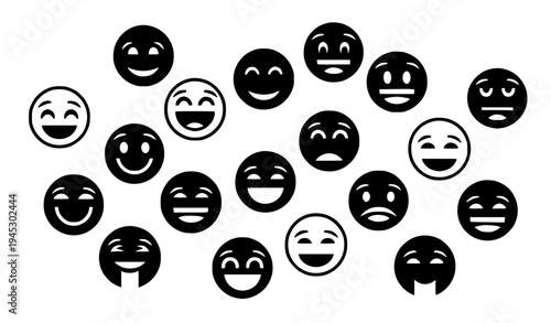 Relieved and calm emoji vector icons set with smiling and peaceful faces isolated on transparent background