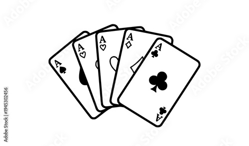 Four aces poker hand vector illustration in doodle black line art isolated on transparent background