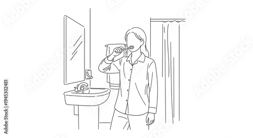 Vector illustration of a woman brushing teeth in bathroom isolated on White Background