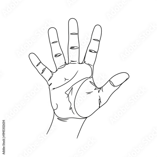 A minimalist line art illustration of a human hand with palm facing forward and fingers spread apart