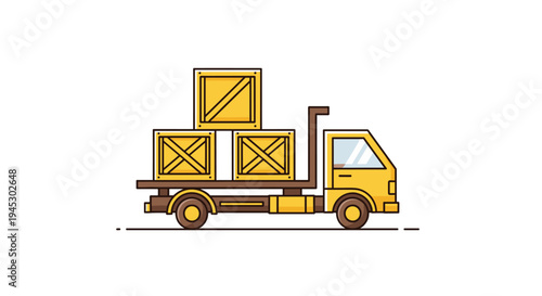 A yellow flatbed delivery truck carries three wooden crates with cross-bracing on a white background.