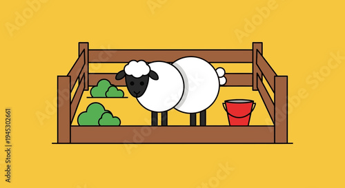 A cartoon sheep stands inside a brown wooden fence eating green food with a red bucket nearby.