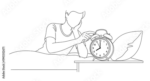 Vector illustration of a woman waking up to an alarm clock isolated on White Background