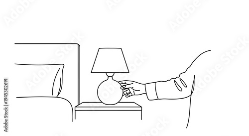 Vector illustration of hand turning on bedside lamp isolated on White Background