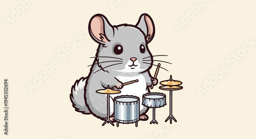 A chinchilla plays drums enthusiastically with drumsticks in a studio setting.