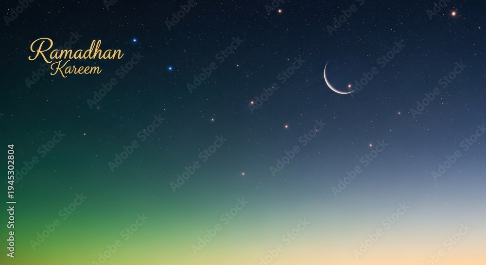 Fototapeta premium Ramadhan Kareem greeting with crescent moon and stars in a gradient night sky.