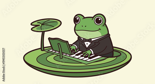 A frog in a tuxedo plays piano on a green lily pad near a leafy plant.
