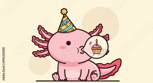 A pink axolotl wearing a party hat holds a cupcake in its cheek happily indoors.