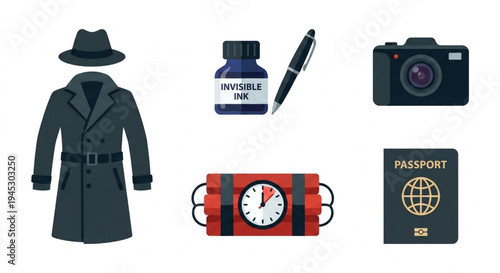 A comprehensive collection of spy equipment and secret agent tools for clandestine operations, featuring classic detective gear, invisible ink, and espionage accessories