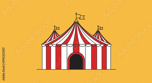 A colorful illustration of a circus tent with flags standing alone outdoors