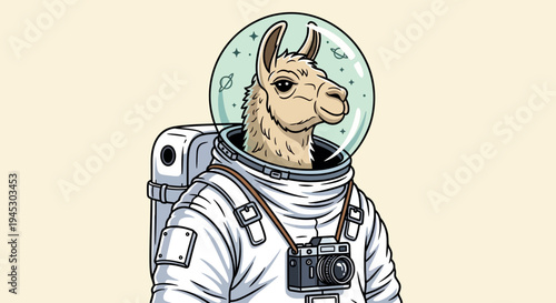 Astronaut llama wearing spacesuit and helmet floats in space with camera