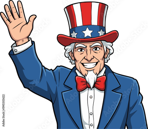 Uncle Sam Smiling and Waving His Hand Wearing Patriotic Top Hat Symbolizing American Freedom and National Identity