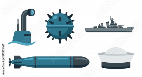 Collection of naval military equipment, including a submarine, naval mine, warship, torpedo, and sailor's hat