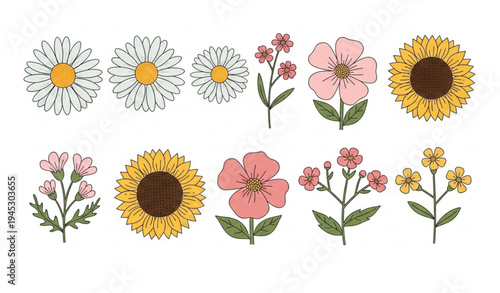 Botanical blossom flower heads vector set featuring daisy sunflower and wildflowers