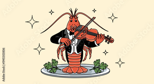 A lobster dressed in a tuxedo plays the violin on a plate surrounded by herbs.
