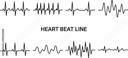 Heart beat line waveform collection vector illustration, ECG pulse rhythm signals set for cardiology medical monitoring healthcare design