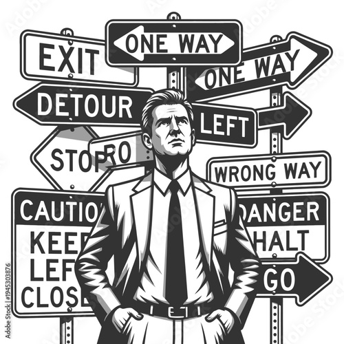 businessman standing among many road signs, difficult decisions, uncertainty, and choosing direction sketch engraving generative ai vector illustration. Scratch board imitation. Black and white image.