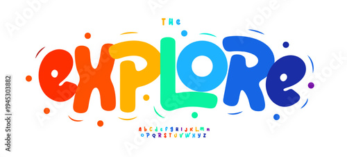 Colorful Kid Font Logo Alphabet Fun Rainbow Color Letter Set Modern Typography, Art Typographic Design for Adventure Explore Headline Text, Kids Lettering Logotype, Doodle Fonts. Vector Typeface