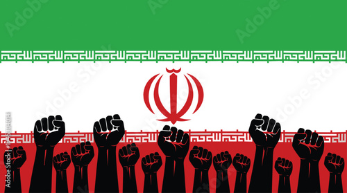 Iran protest concept illustration, raised fists crowd over Iran flag symbolizing freedom resistance revolution political movement and national unity
