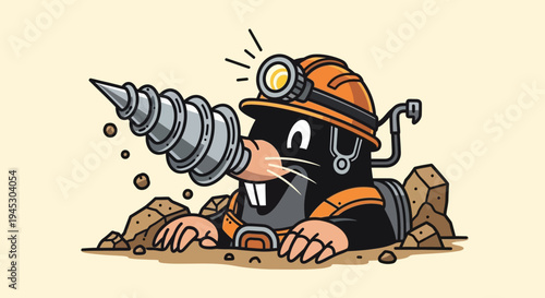 A cartoon mole in a mining helmet digs through dirt with a drill.