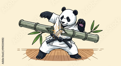 A panda bear practices martial arts with bamboo on a wooden floor