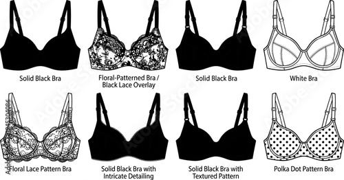 Women bra design collection vector illustration, lingerie styles including black bra, lace bra, polka dot and underwire fashion technical drawings