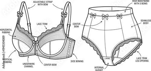 Women lingerie technical drawing set, bra and high waist panties design with lace trim underwire fashion garment construction diagram