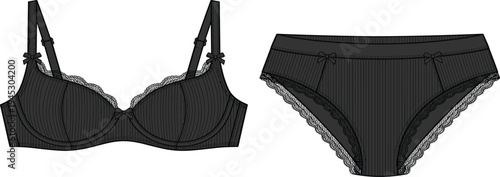 Black women lingerie set vector illustration, underwire bra and panties with lace trim fashion underwear design isolated on white