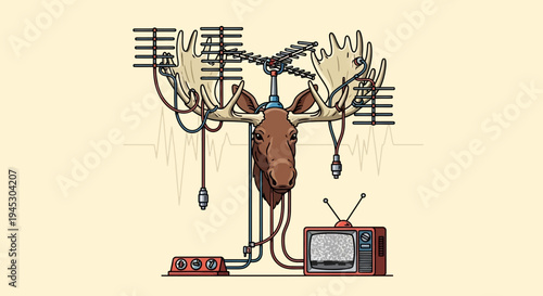 A puzzled brown dog sits on wires amidst a cluttered messy room with a broken old television.