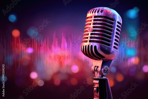 Vintage microphone on stage with vibrant, glowing sound waves and bokeh lights