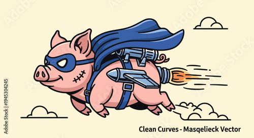 A cartoon pig wearing a superhero mask and cape flies through the air with a jetpack.