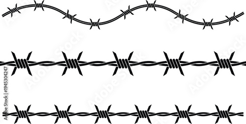 Barbed wire silhouettes collection, razor fence wire border barrier set isolated on white background, security protection defense vector illustrationBarbed wire silhouettes collection, razor fence wir