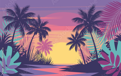 Wallpaper Mural Palm Poster, Dark Purple Silhouettes with Detailed Fronds and Vibrant Magenta Foliage, Retro-Inspired Wall Art Torontodigital.ca