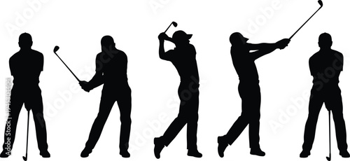 Golf player swing silhouette set vector illustration, golfer hitting ball with club sports action poses isolated on white background