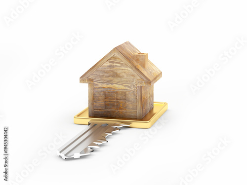 Wooden house with a key. 3D illustration