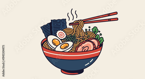 Delicious asian ramen bowl illustration noodles eggs seaweed and chopsticks
