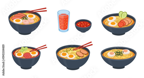 Delicious asian ramen bowls and drinks set vector illustration