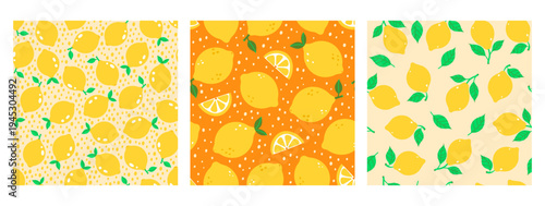 A set of seamless patterns with lemons. Vector graphics.