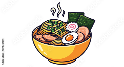 Delicious bowl of ramen noodles with toppings illustrated on white background