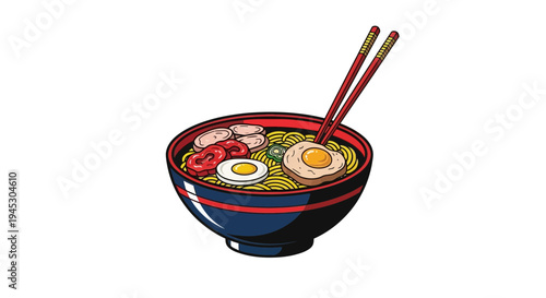 Delicious bowl of ramen noodles with toppings and chopsticks illustration