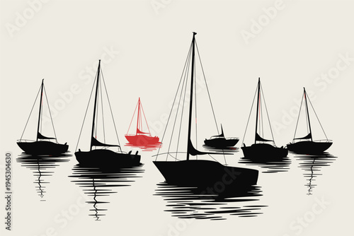 Red Sailboat Among Black, standing out concept