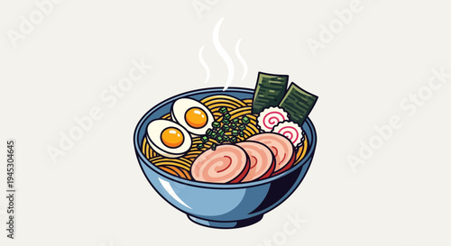 Delicious bowl of ramen with eggs and meat isolated on a white background