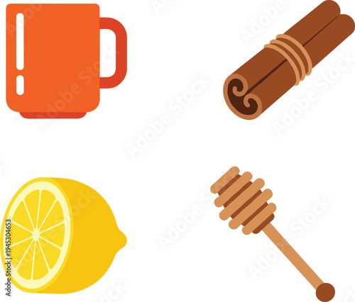Hot Drink Ingredients Vector Set Mug Lemon Honey Dipper and Cinnamon Stick Illustration for Tea Recipe Healthy Beverage Design