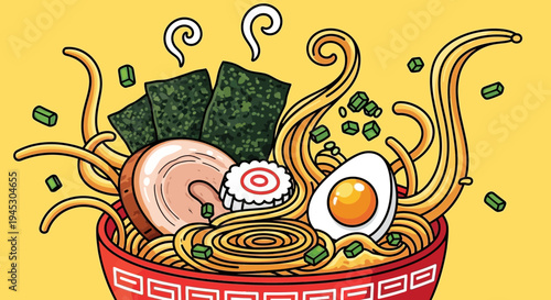 Delicious bowl of ramen noodles with toppings on yellow background