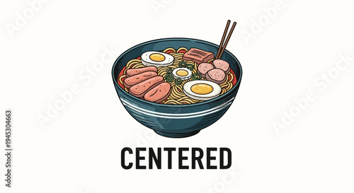 Delicious bowl of ramen with eggs and pork isolated on white background