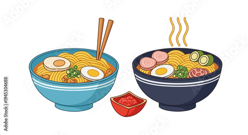 Delicious bowls of ramen noodles with various toppings and chili sauce
